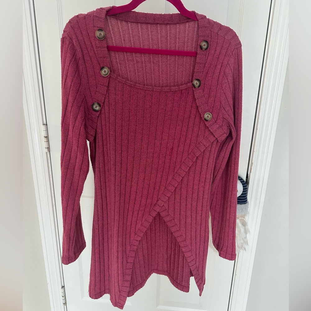 Women's Ribbed Button-Detail Sweater - Pink - Picture 3 of 5